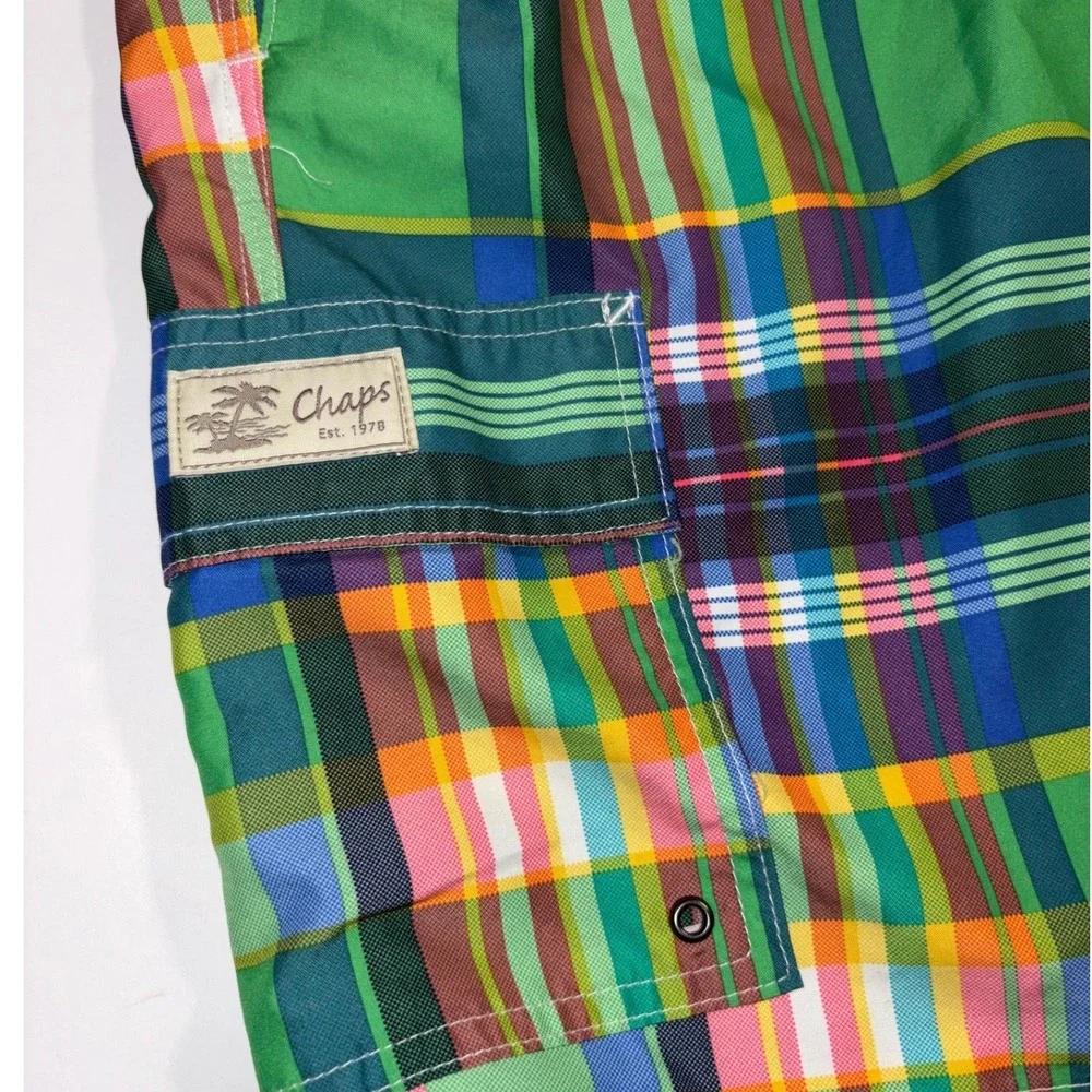 Chaps Mens Plaid‎ Swim Trunks LG Green Multicolor Pocket Drawstring Waist